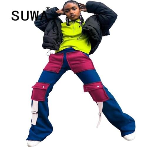 Women Fashion Streetwear Cargo Pant Color Block Patchwork High Waist Jogger Sweatpant Casual Pockets Bell Bottom Trouser Capris