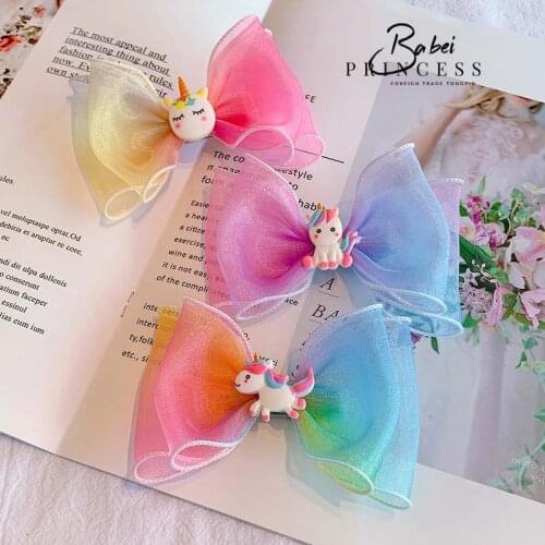 CN Cute Pastel Rainbow Unicorn Girls Hair Bows Clips Gradient Handmade Mesh Hairpin Side Grip Princess Bowknot Barettes Headwear