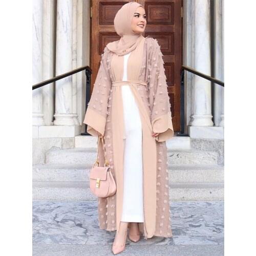 Dubai Muslim Open Abaya Hijab Dress Women Plush Ball Kimono Caftan Lace-up Jubah Islamic Clothing Musulman Marocain Long Robe