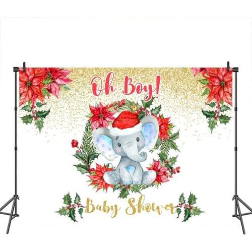 Oh Boy Baby Shower Backdrop for Photography Baby Elephant Wreath Red Flower custom background photocall photo studio photobooth