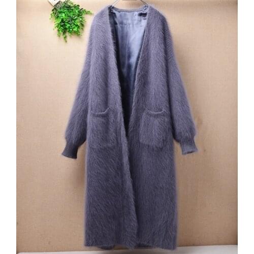 Lady women winter thicken warm long plush mink cashmere cardigan long sleeves loose angora fur knitwear sweater top coat mantle
