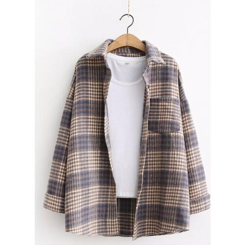 Plaid Long Sleeve Shirt Retro Autumn and Winter New College Style Loose Literature and Art Woolen Womens Thickened Coat Top
