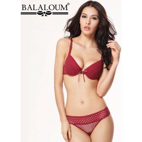 BALALOUM Women Plaid Push Up Bra and Panty Lingerie Set Sexy Female Underwear Lace Up T Back Thongs G-String Seamless Black Red