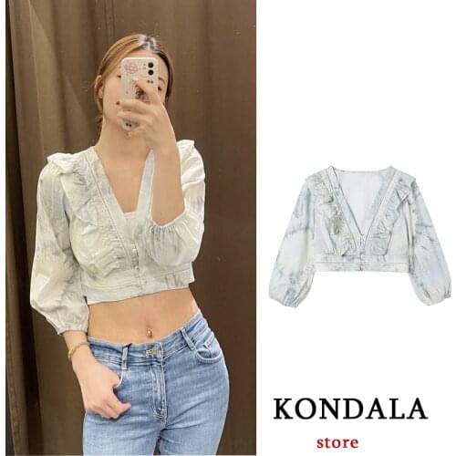 KONDALA Za Tie Dye Slim 100% Cotton Shirts Women Casual Summer V-Neck Long Sleeve Mujer Laminated Trim Tops Vintage T-Shirts