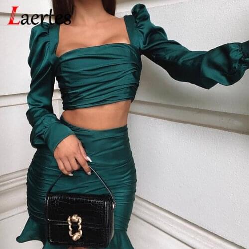 Laertes 2021 Autumn Two Piece Set Dresses Women Skirt Fashion Elegant Ruched Sexy Vintage Crop Top with Short Skirt Dresses Set