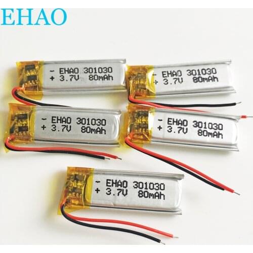 Lot 5 pcs 3.7v 80mAh Lithium Polymer LiPo Rechargeable Battery 301030 For Mp3 GPS bluetooth Headphone Headset smart watch