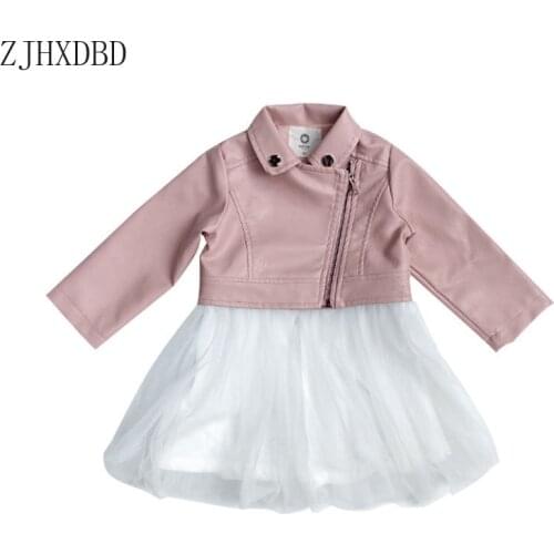 Cute Dress for Teen Kids Children Girls Solid Synthetic Leather Patchwork Voile Princess Dress Baby Dress Long Sleeve Vestido