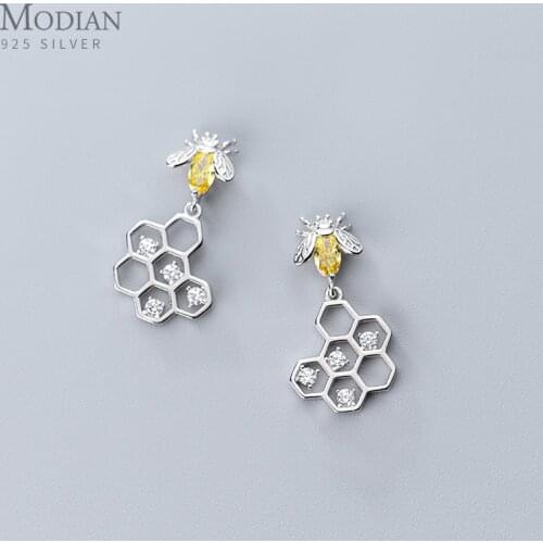 Modian Cute Bee And Honeycomb Stud Earrings for Women Real 925 Sterling Silver Insect Zircon Jewelry for Girl 2020 Bijoux