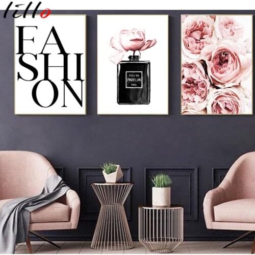 Fashion wall art frames on canvas perfume bottle art posters peony flowers poster vogue girls room decor