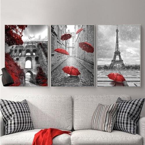 Black White Europe Red Poster Print Umbrella Tree Wall Art City Landscape Canvas Painting For Living Room Decor