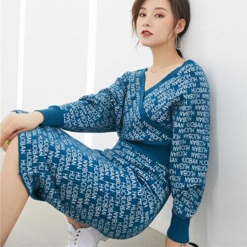 Autumn Knit Set Women 2019 Fashion V-neck Two Piece Set Top and Pants Long-sleeved Letter Sweater