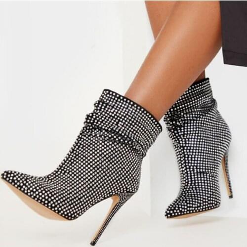 Sexy Crystal High Heel Ankle Boots Black Leather Pointed Toe Women Dress Shoes Thin Heels Pleated Ridding Boots