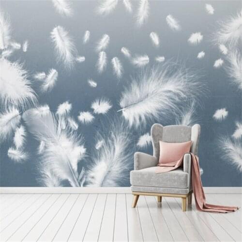 Custom Mural Wallpaper Minimalism Beautiful Blue Watercolor White Feathers Background Wall Painting