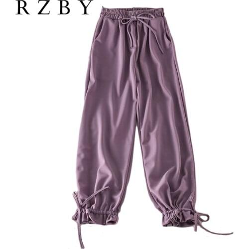 Casual Women Ankle-Length Pants Solid High Elastic Waist Lace Up Fashion Loose Simple Pantalon Korean Style Pants RZBY356