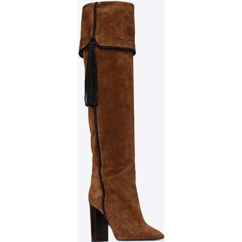 Winter Women Boots Fashion Brown Tassel Square Heel High Heels Over-the-knee Boots Genuine Leather Fringe Modern Boots Shoes