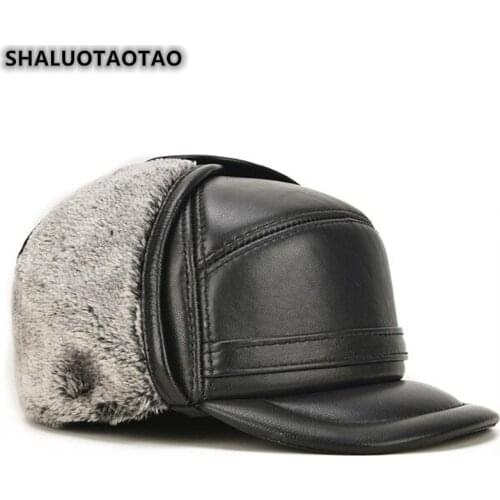 SHALUOTAOTAO Winter Thermal Ear Protectors Bomber Hats For Mens Fashion Thicken Sheepskin Genuine Leather Hat Brands Dads Cap
