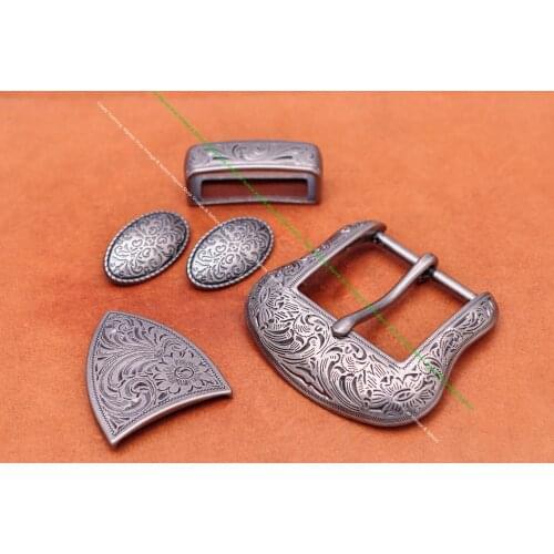 Vintage SIlver Western Cowboy Ranger Rodeo Flower Craved Men Leathercraft Belt Buckle Hardware 5 Pieces Set Fits 1 1/2" Stra