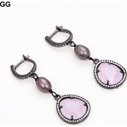 GuaiGuai Jewelry Natural Black Rice Pearl Pink Cat Eye Crystal Earrings For Women