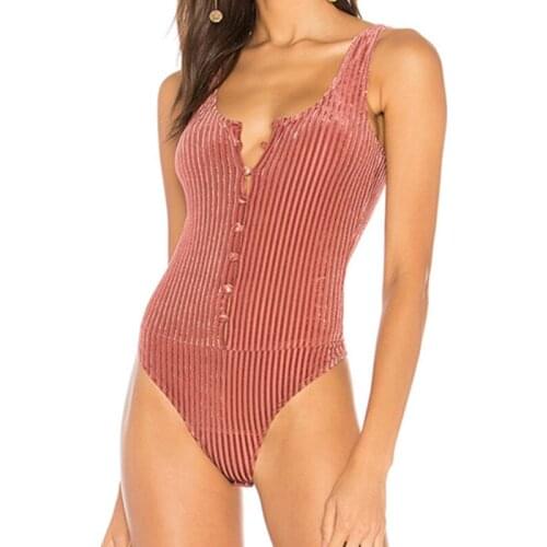 2018 Sexy Chest Button Velvet Bodysuit Women Wide Spaghetti Strap Skinny Body Crochet Jumpsuit Ladies Romper overalls