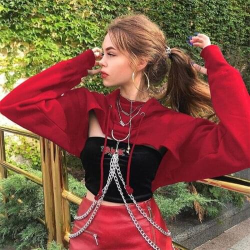 2019 Gothic Punk Buckle Chain Short Pullover Black Red Hoodies Women Loose Hooded Sweatshirt Female Cropped Tops Hoody Pullover