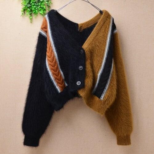 Female women hairy fluffy short style crop top mink cashmere knitted v-neck angora rabbit fur winter jacket coat sweater pull