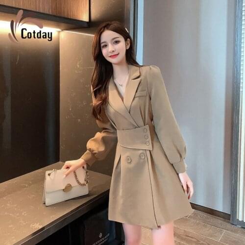 Cotday Khaki Long Sleeve Suit Collar Pocket Sashes High Waist Fashion Clothes Elegant Fall 2020 Female Office Mini Women Dress