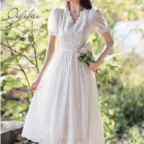 Ordifree 2021 Elegant Women Party Dress Embroidery Vintage Cotton Summer Vocation Tunic White Lace Beach Dress Plus Size 3XL