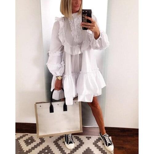 Sexy High Neck Dress Women Elegant Turtleneck Long Sleeve Autumn Knee Length Dress Ruffle Solid White Chiffon Dresses Vestidos