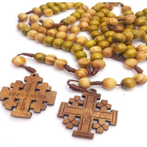 2021 New Natural Wooden Catholic Rosary Cross Jerusalem Weaving Religious Necklace