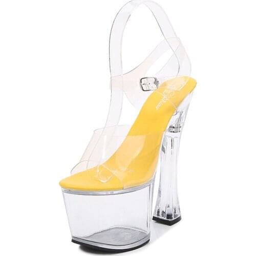 2021 Women Summer 17cm High Heels Sexy Fetish Stripper Sandals Crystal 8cm Platform Transparent Block Pumps Plus Size Prom Shoes