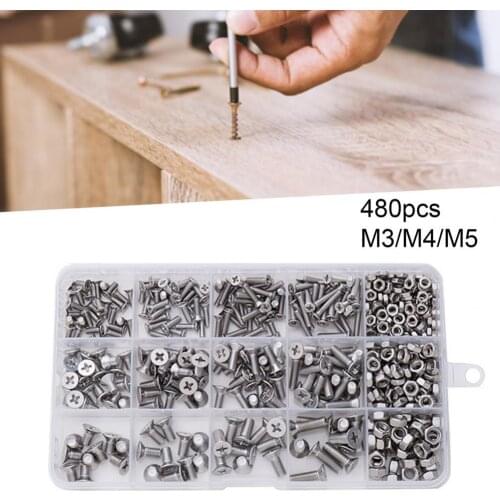 480Pcs M3/M4/M5 Countersunk Cross Phillips Screw Burr-free Non-slip 304 Stainless Steel Flat Neat Screw Set for Machines