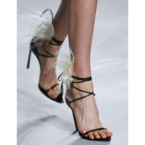 Summer New Women Fashion Black Feather Back Lace Up Stiletto Heel Party Sexy High Heel Sandals Fur Cross Ties Sandals Shoes Lady