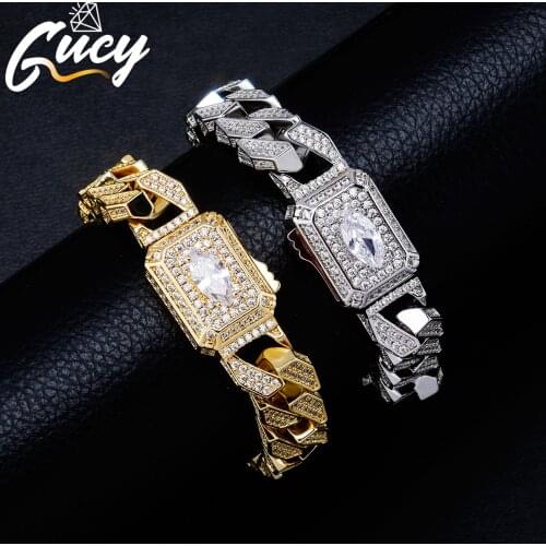 GUCY Square Miami Cuban Bracelet Chain Mens Hip Hop Link Solid Back Copper Full Zircon Fashion Rock Jewelry