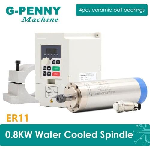 G-penny 220V 800w ER11 CNC Water Cooling Spindle Motor 65mm Wood Working 4 Bearings & 1.5kw VFD & 65mm Bracket & 75w Water Pump