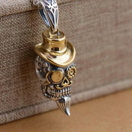FNJ Punk Skull Pendant 925 Silver Original Pure S925 Silver Pendants for Jewelry Making Men Fine
