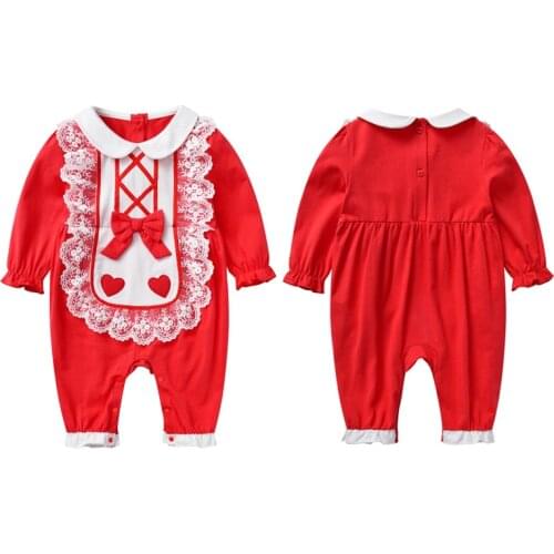 Baby Girl Jumpsuits 100 Days Clothes For Newborn Red Lace Decor Outfits Long Sleeve Spring/Fall Girls Romper Ruffles Baby Onesie