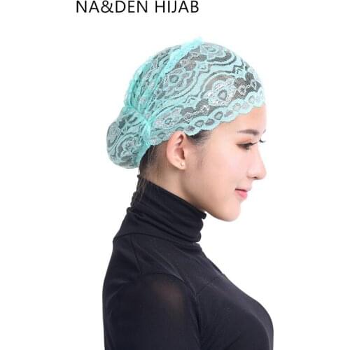 1PC Lace stretch turban Islam cap Arab beanies Ladies head cover Muslim headscarf Women Inner hat Under hijab Shiny inner Cap
