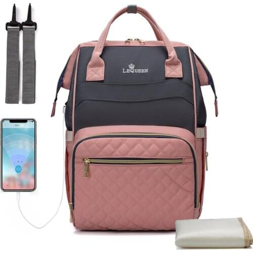 Lequeen USB Diaper Bag Backpack Diaper Organizer Mummy Maternity Nappy Bag for Baby Stroller Diaper Changing Mat Backpack Women