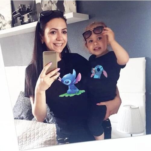 Fashion Lilo And Stitch Disney Mommy and Me Clothes Summer Short Sleeve T-shirts Baby Girl Boys Clothes Matching Family T Shirts
