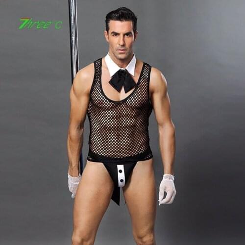 US Mens Erotic Underwear Sexy Mesh See-through Tank Top Panty Two-piece Suit Man Nightclub Waiter Uniform Pole Dance Costumes