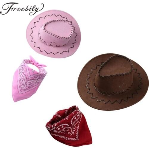 New Kids Western Cowboy Hat Cap With Bandanna Head Scarf Set Children Boys Girls Halloween Cosplay Party Costume Accessories
