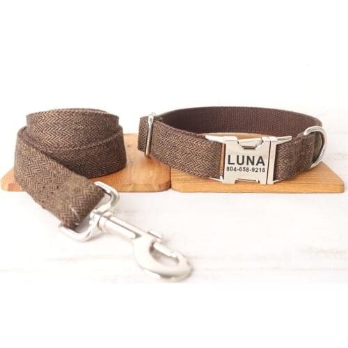 Personalized Dog Collar Custom Pet Collar Free Engraving ID Name Tag Pet Accessory Thick Brown Suit Fiber Puppy Collar Leash Set