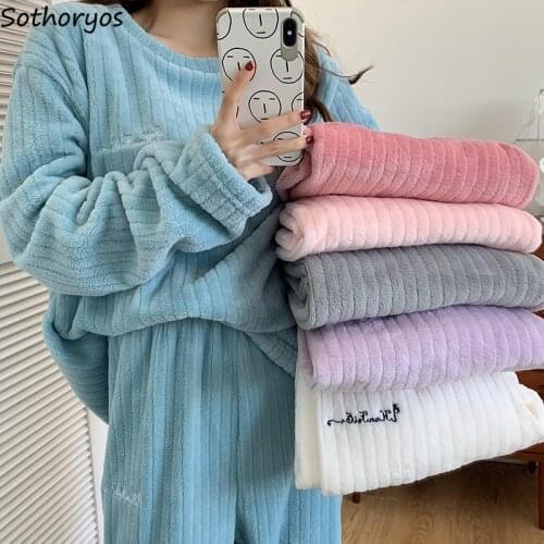 Pajama Sets Women Long Sleeve Tops and Pants Thicken Winter Warm Sleepwear Simple Fashion Korean Ins Home Lounge Wear Nightsuits