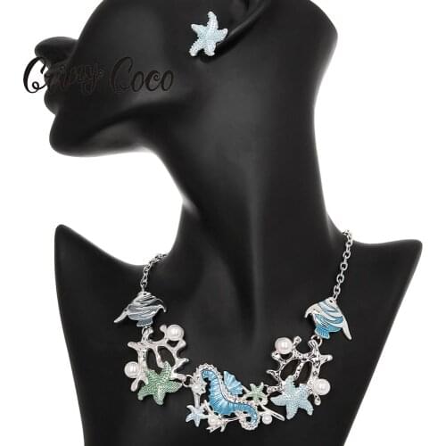 Cring Coco 2020 Womens Jewelry Sets Woman Ocean Series Shell Starfish Coral Drop Earring Necklace Enamel Earrings Set for Women