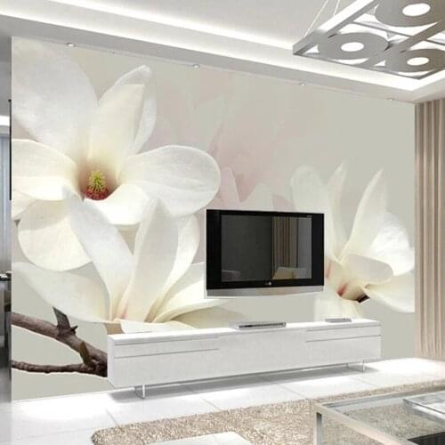 Custom Self Adhesive Wallpaper Modern Fashion Lily Flower 3D White Magnolia Flower Wall Painting Living Room Murals Waterproof