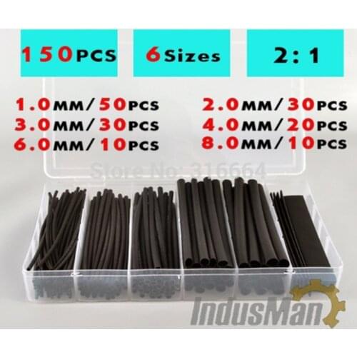 Heat shrink tube 150pcs Insulation Sleeve 6 Sizes 2:1 ratio for 1-8mm/1-10mm Cable Black