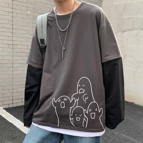 Spring Gray Patchwork Tshirts Japan Harajuku Hip Hop T-shirts Men Autumn Couple High Street Tops Loose Cartoon T Shirt Males