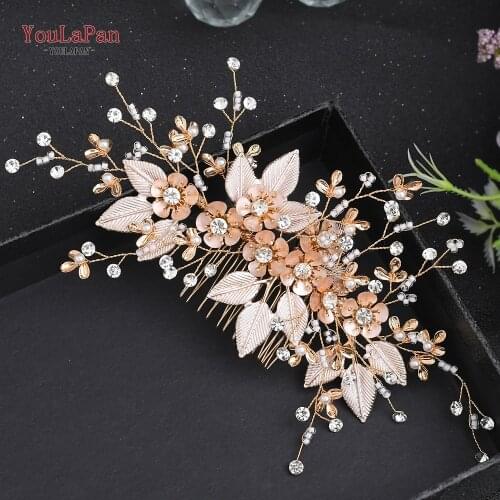YouLaPan HP358 Luxury Bridal Hair Comb Vintage Bridal Piece Golden Floral Hair Comb Wedding Accessories Handmade Women Tiara