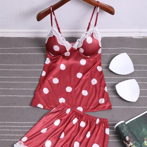 Chic Women Satin Pajama Cami Set Silky Lace Trim Nightwear 2 PCS Lingerie Short Sleepwear Relax Fit Polka Dots Oversize Lounger