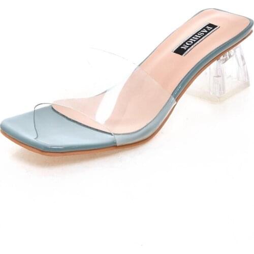 2021 Clear Summer Sandals Women Shoes Women Mules Slides Peep Toe Transparent Square High Heels Female Shoe Casual Square Heel
